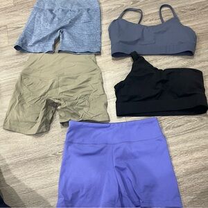 Garage Activewear Set in Purple, Black, and Tan Bundle Sports Bra Biker Shorts